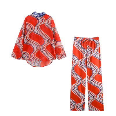 Bowknot Decoration Printed Shirt Pajamas Style Pants Suit